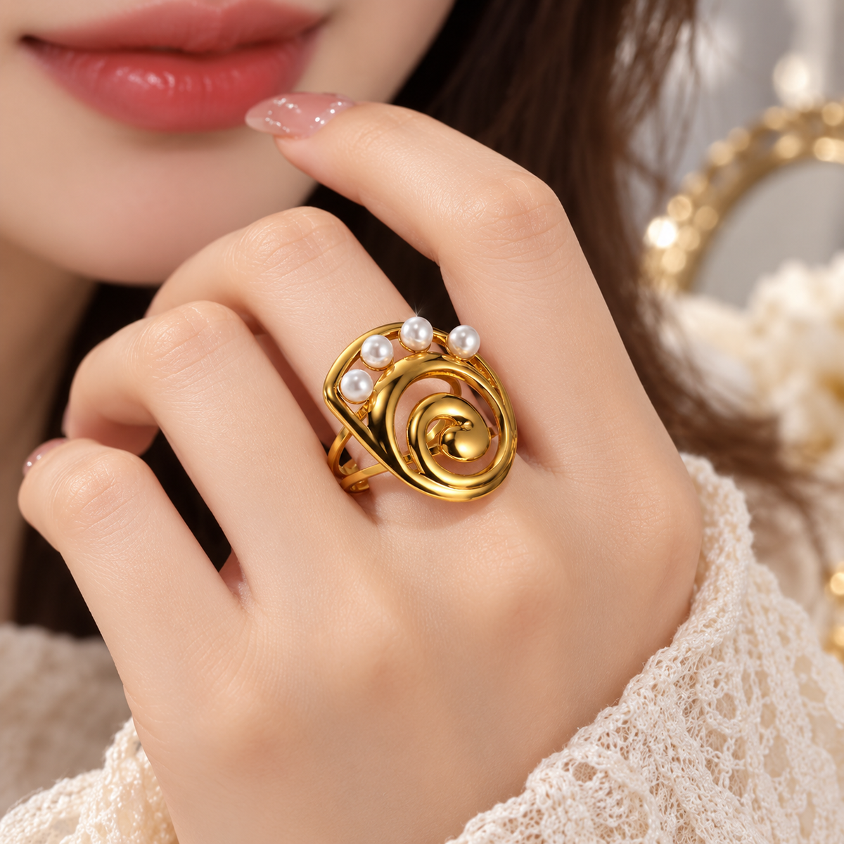 Pearl Swirl Statement Ring – Elegant Gold-Tone Pearl Ring for Women