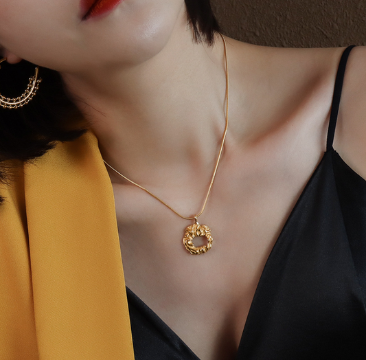 Textured Gold Organic Circle Pendant Necklace