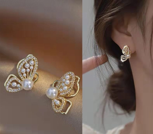 Elegant Pearl Butterfly Stud Earrings