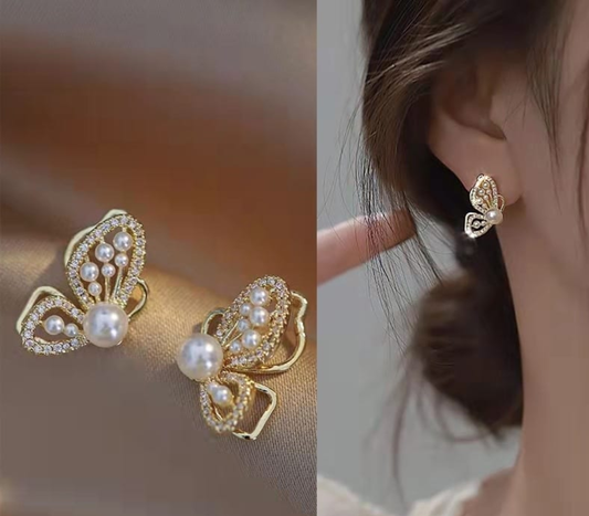 Elegant Pearl Butterfly Stud Earrings