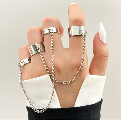 Gold-Tone Chain Connected Ring Set – Statement Link Finger Rings