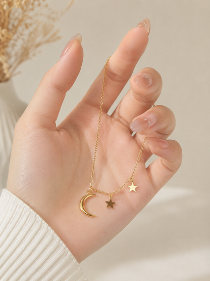 Celestial Moon & Stars Pendant Necklace – Gold-Tone Dainty Necklace for Women