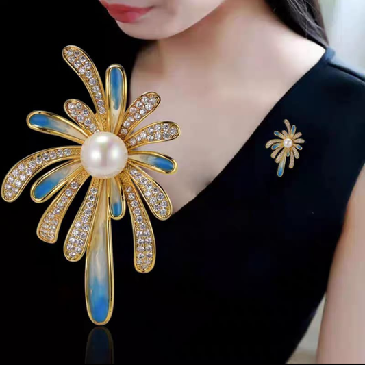 Blue Petal Pearl Flower Brooch