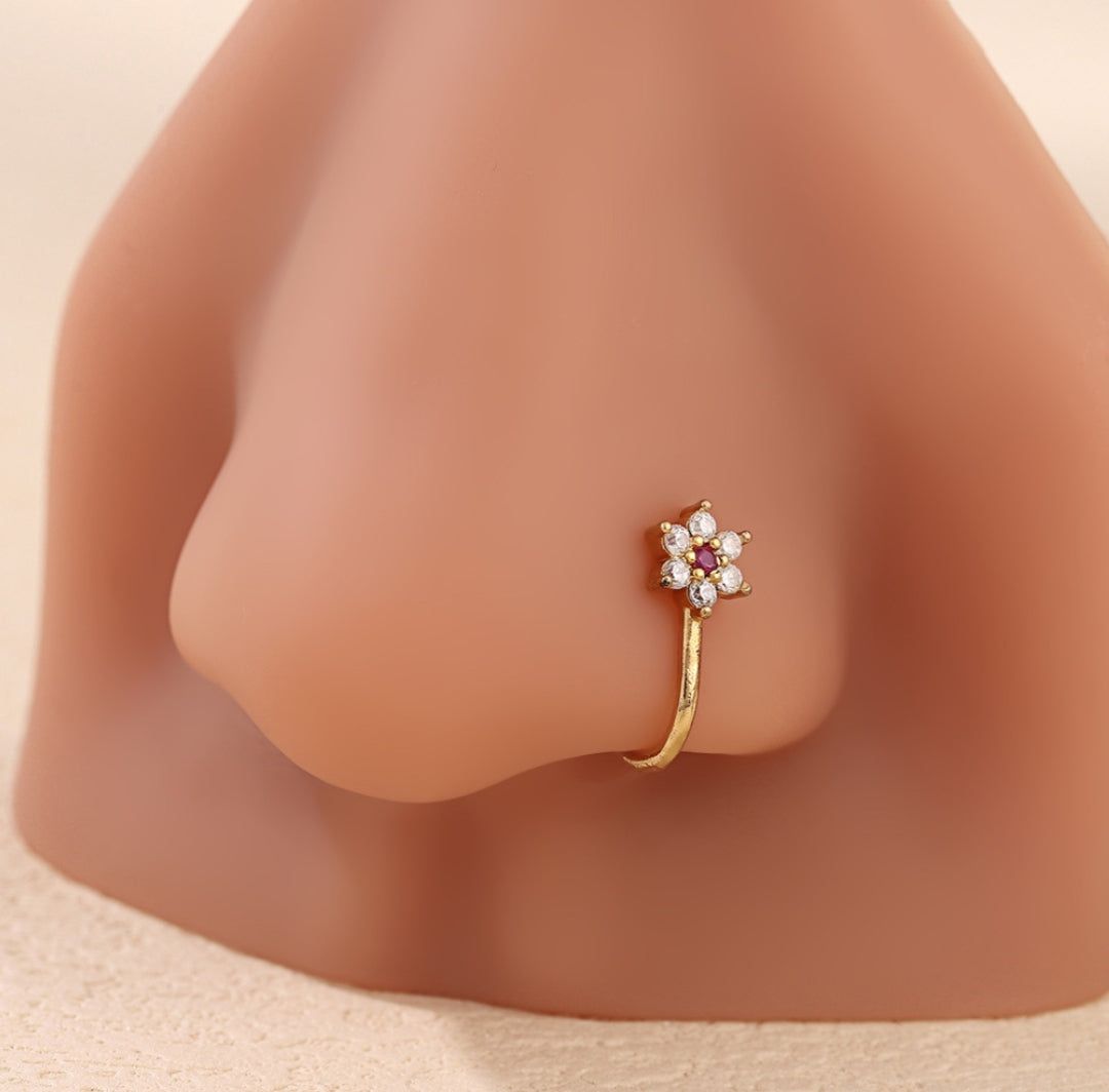 Gold Floral Nose Ring with Purple Gemstone