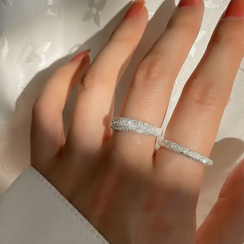 Silver-Tone Textured Adjustable Rings – Minimalist Sparkle Band Ring