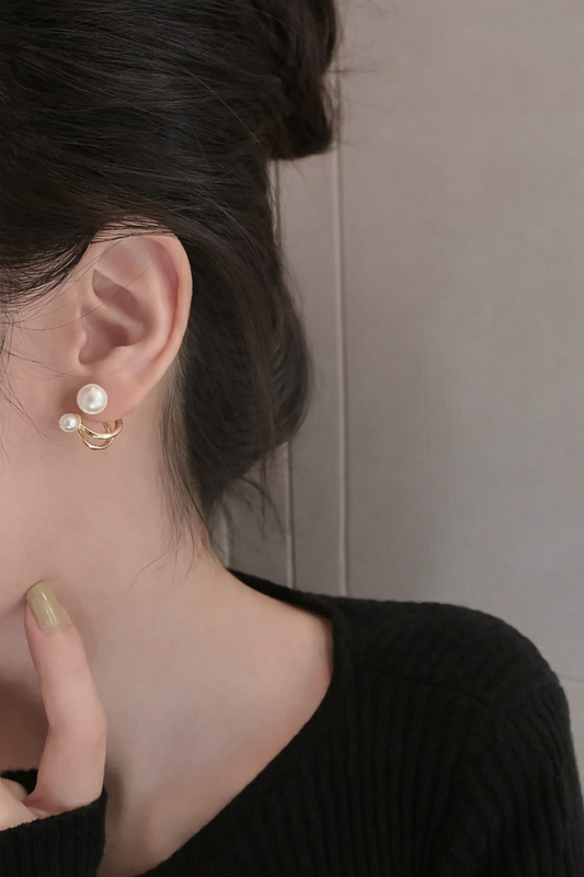 Double Pearl Hoop Stud Earrings