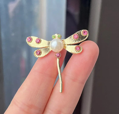 Golden Pearl Dragonfly Brooch