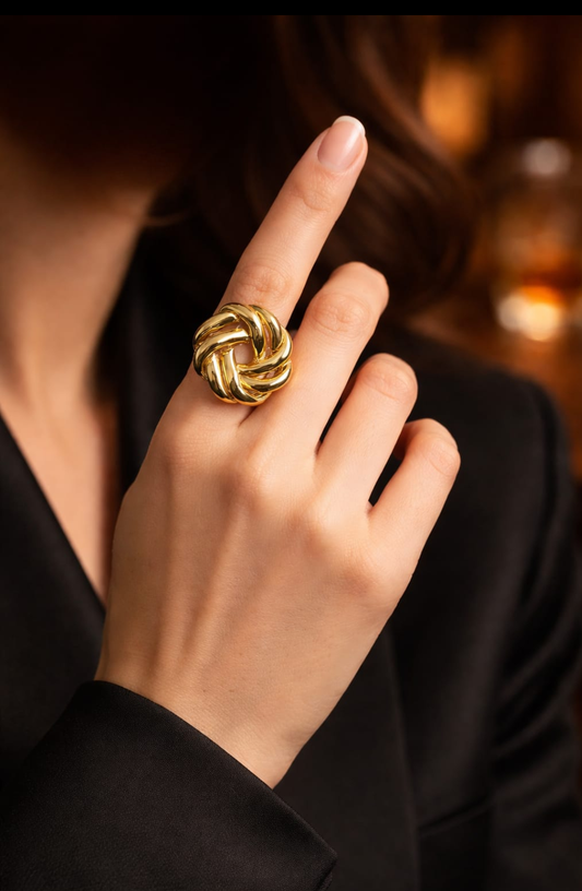 Golden Woven Knot Statement Ring