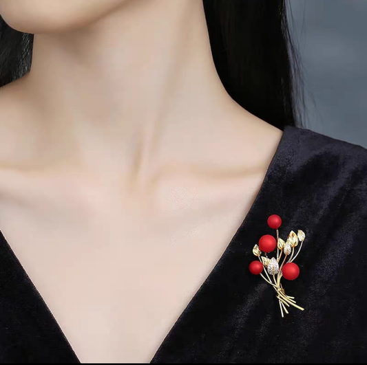 Elegant Red Berry Crystal Bouquet Brooch