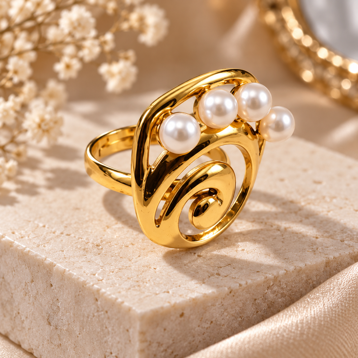 Pearl Swirl Statement Ring – Elegant Gold-Tone Pearl Ring for Women