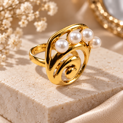 Pearl Swirl Statement Ring – Elegant Gold-Tone Pearl Ring for Women