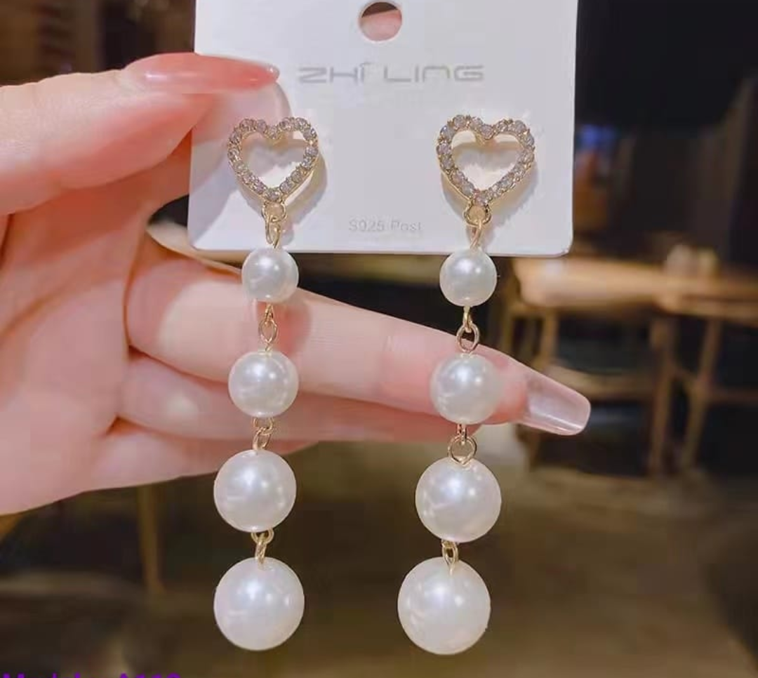 Crystal Heart Pearl Drop Earrings