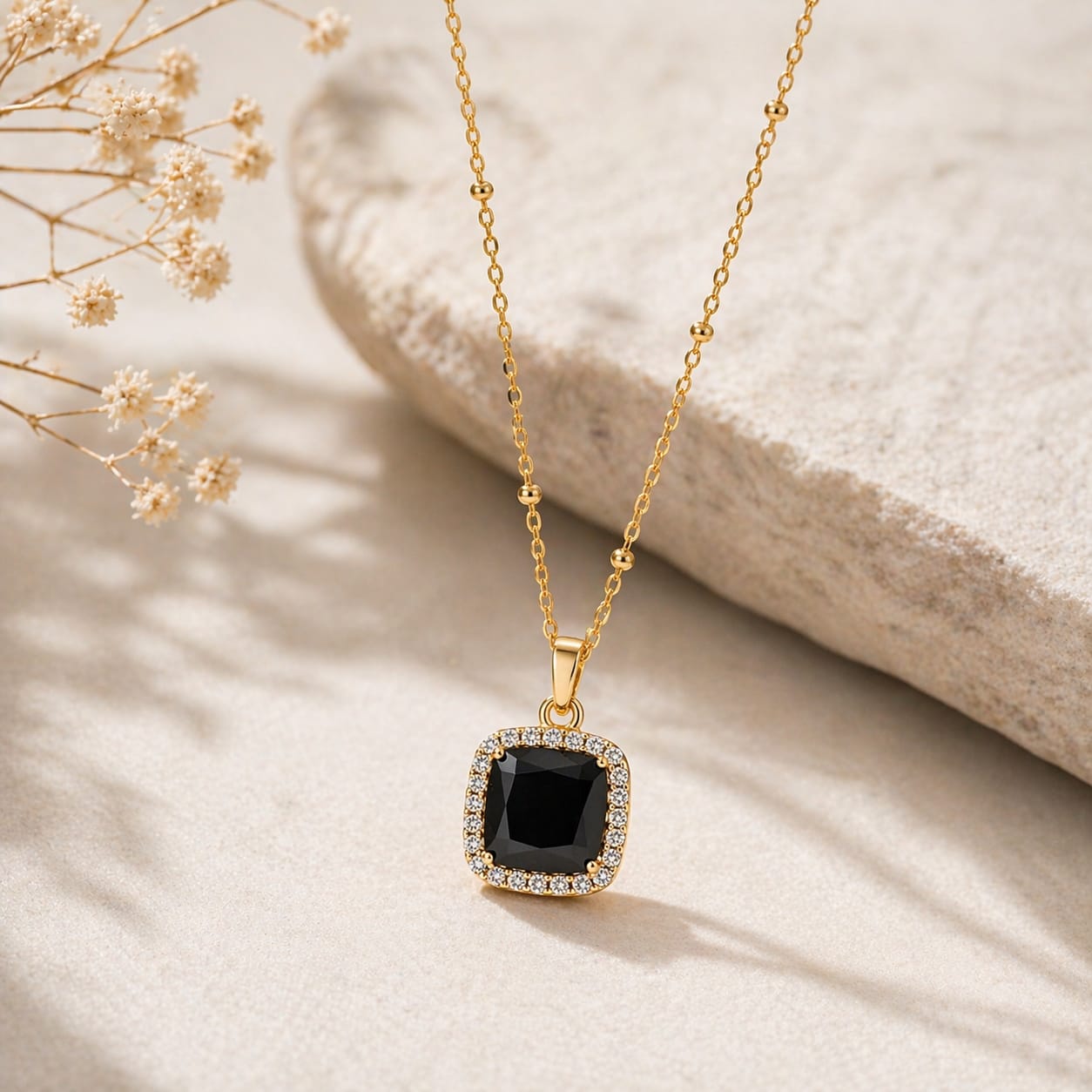 Black Crystal Square Pendant Necklace