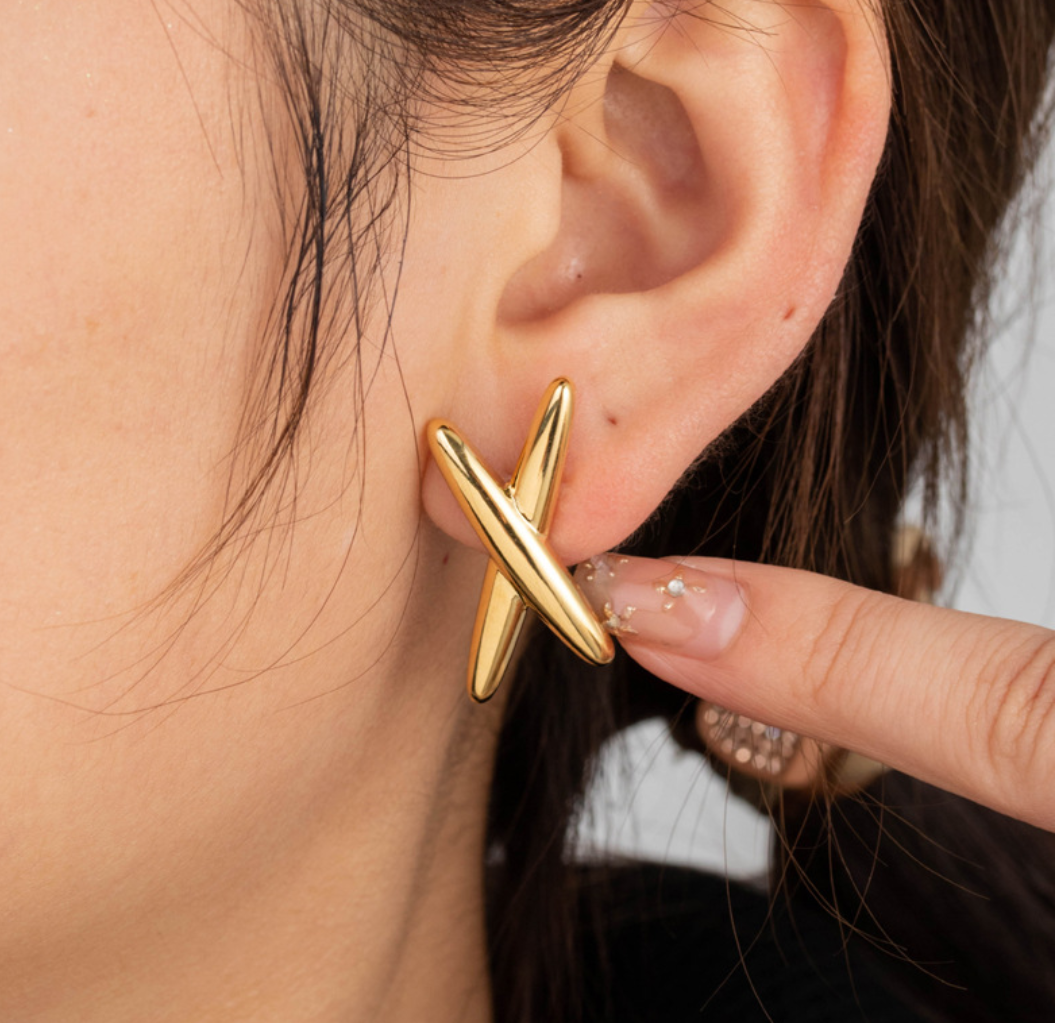 Abstract Cross Gold Stud Earrings – Modern Minimal Edge