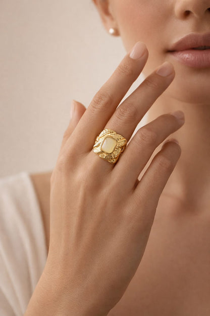 Textured Gold Statement Ring with Ivory Stone