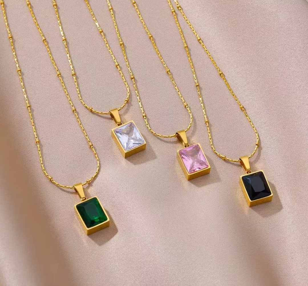 Gold Rectangular Crystal Pendant Necklace