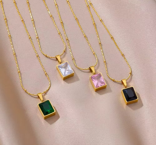 Gold Rectangular Crystal Pendant Necklace