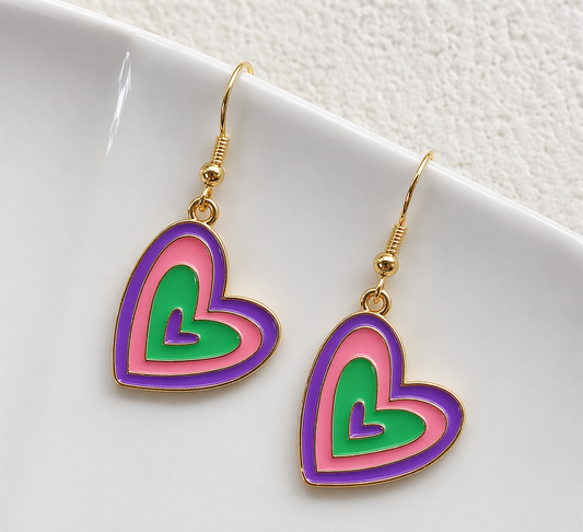 Multicolor Heart Drop Earrings with Gold Finish