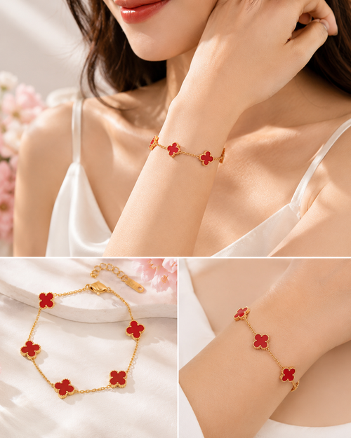 Red Clover Charm Bracelet – Elegant Gold-Tone Floral Link Bracelet for Women