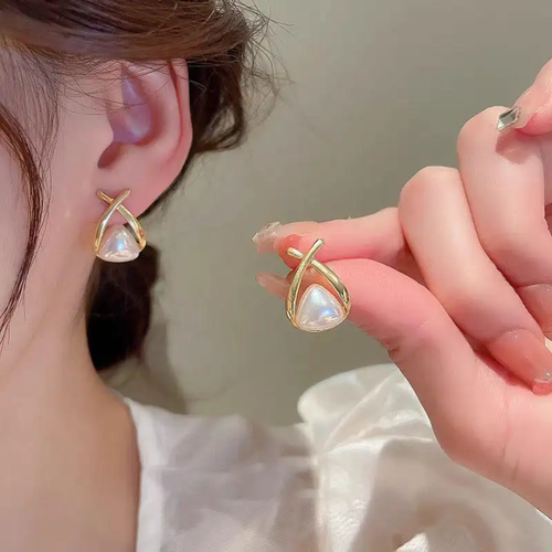 Elegant Pearl Triangle Stud Earrings with Gold-Tone Cross Design