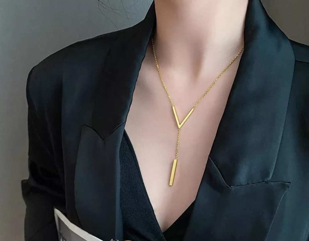 Minimalist Gold V-Bar Lariat Necklace