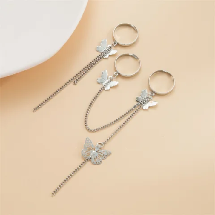 Butterfly Chain Ring Set – Elegant Gold & Silver Tone Adjustable Rings