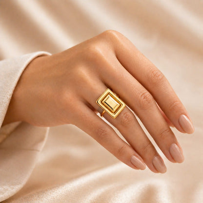 Gold Geometric Rectangle Statement Ring – Bold Modern Ring for Women